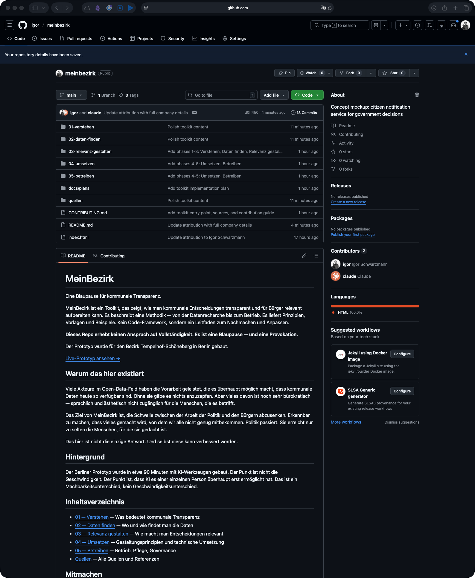 Screenshot des MeinBezirk GitHub-Repos: Toolkit-Struktur mit fünf Phasen, Quellen und Contribution Guide