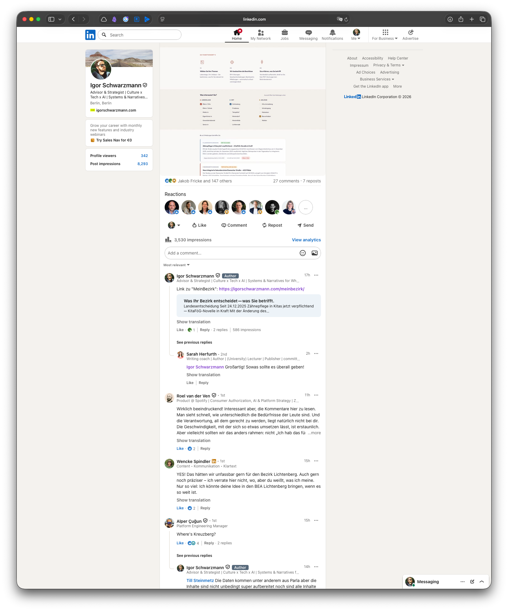 LinkedIn-Post mit über 147 Likes und 27 Kommentaren