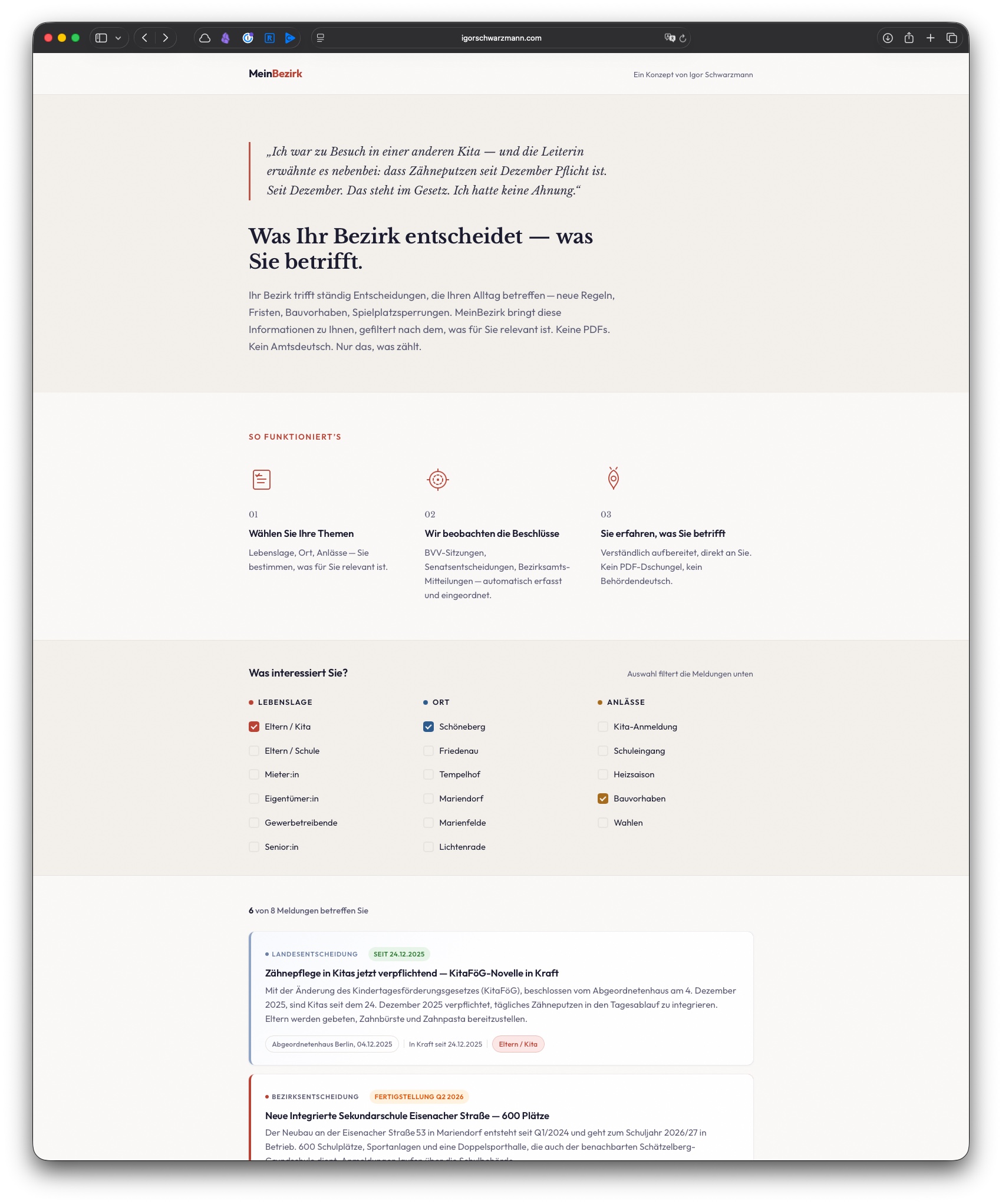 Screenshot des MeinBezirk-Prototyps: Ein Feed mit kommunalen Entscheidungen, gefiltert nach Lebenslage, Ort und Anlass